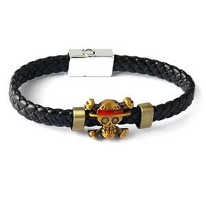 One Piece Straw Hat Pirates Bracelet – Black Braided Leather Anime Wristband